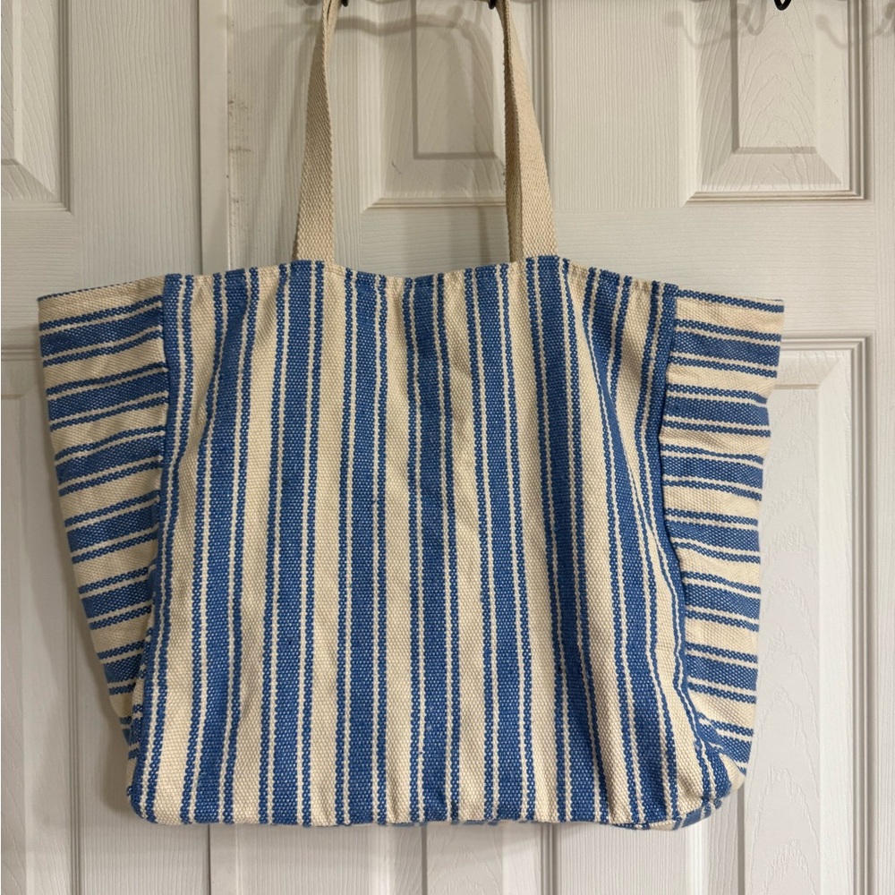 Blue and Cream Striped Tote Bag